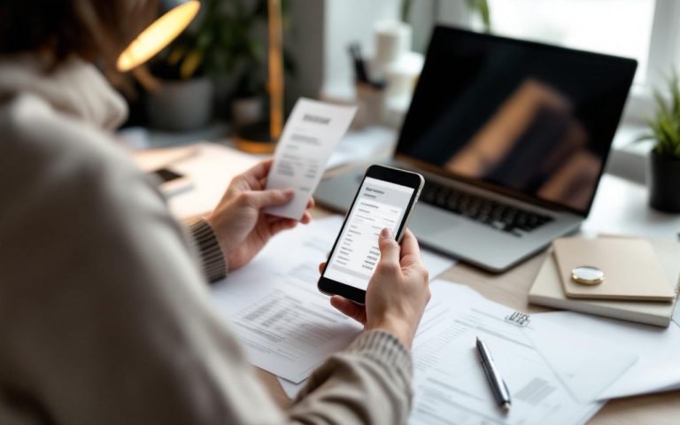 Un entrepreneur dans un petit bureau photographie un reçu avec son smartphone, avec des dossiers et un ordinateur comptable ouverts.