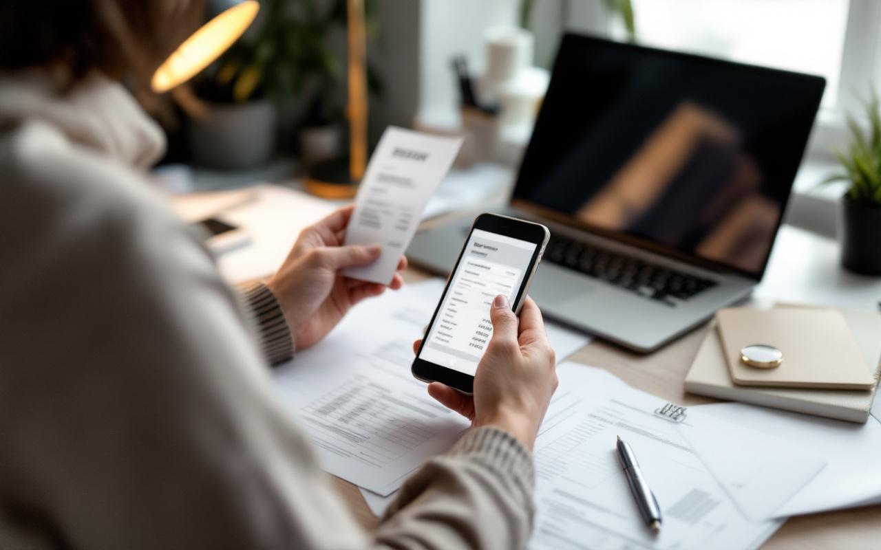 Un entrepreneur dans un petit bureau photographie un reçu avec son smartphone, avec des dossiers et un ordinateur comptable ouverts.