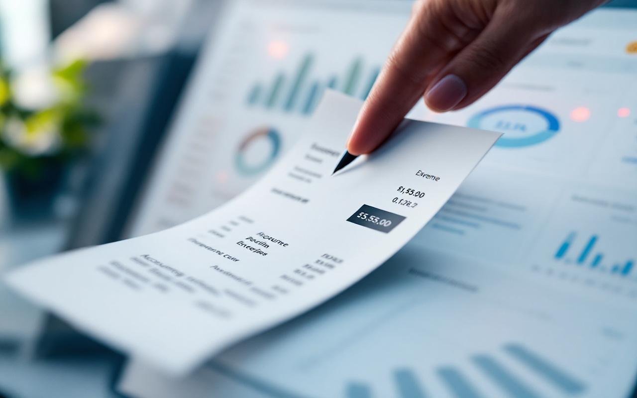 Interface de gestion de notes de frais affichant des justificatifs scannés, des graphiques de dépenses et un panneau d’intégration comptable avec un tableau de bord clair.