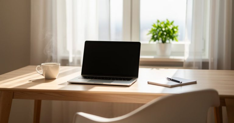 Ordinateur portable sur un bureau en bois dans un espace de télétravail à domicile