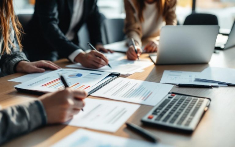 Équipe marketing en préparation d’un séminaire, documents de voyage et contrat d’assurance disposés sur une table de réunion, avec laptop et stylos.