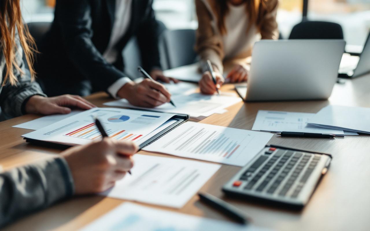 Équipe marketing en préparation d’un séminaire, documents de voyage et contrat d’assurance disposés sur une table de réunion, avec laptop et stylos.