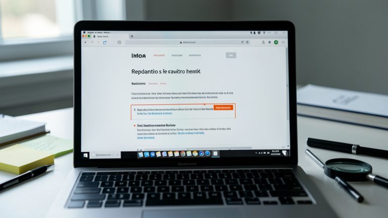 Vue en gros plan d’un écran d’ordinateur affichant une page de référence générique avec des zones surlignées, entourée d’outils d’analyse éditoriale et de vérification de réputation.