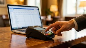 Scène réaliste dans un restaurant ou un hôtel montrant un terminal de paiement sans contact et un ordinateur en arrière-plan pour la saisie comptable, avec une ambiance lumineuse chaleureuse.