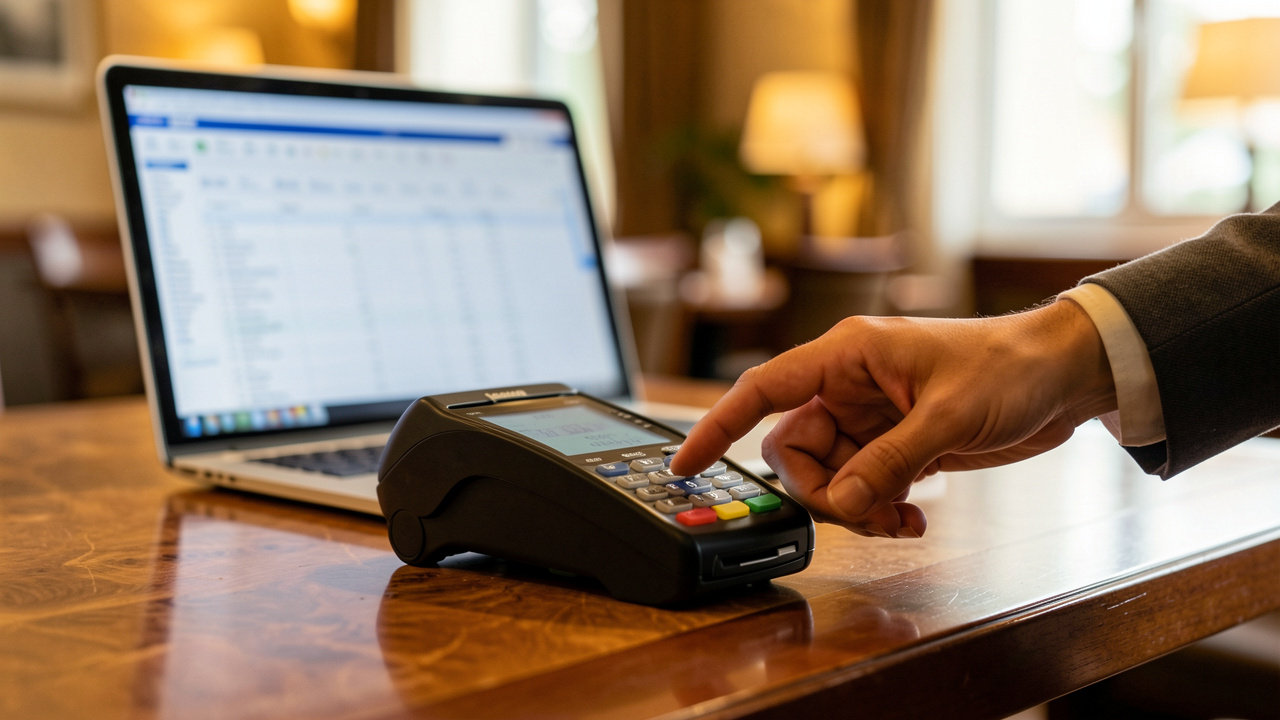 Scène réaliste dans un restaurant ou un hôtel montrant un terminal de paiement sans contact et un ordinateur en arrière-plan pour la saisie comptable, avec une ambiance lumineuse chaleureuse.