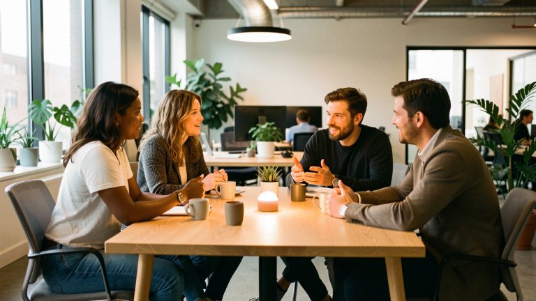 Équipe diverse échangeant naturellement autour d’une table lumineuse dans un bureau moderne et chaleureux.