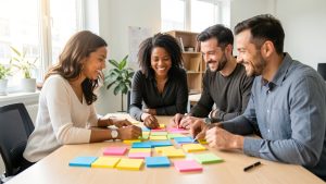 Équipe diverse réunie dans un atelier collaboratif lumineux, disposant des notes autocollantes colorées vierges autour d’une table dans une ambiance professionnelle et conviviale.