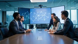 Une équipe dirigeante composée de deux hommes et d’une femme analyse une visualisation abstraite d’une architecture informatique IA sur de grands écrans, dans un bureau moderne à l’ambiance professionnelle bleutée.