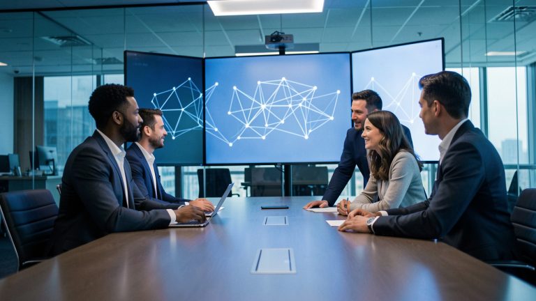 Une équipe dirigeante composée de deux hommes et d’une femme analyse une visualisation abstraite d’une architecture informatique IA sur de grands écrans, dans un bureau moderne à l’ambiance professionnelle bleutée.