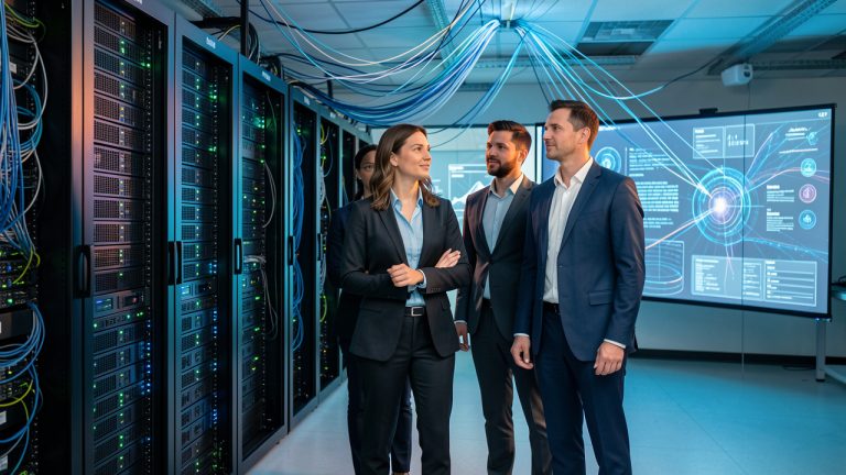 Une équipe composée de deux femmes et deux hommes se tient devant une infrastructure numérique moderne avec des serveurs lumineux, un réseau de fibres optiques et des visualisations de données abstraites.