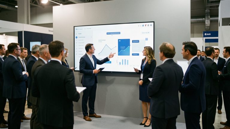 Une équipe composée d’un homme et d’une femme présente un logiciel de gestion sur un grand écran, au sein d’un stand sobre et fréquenté d’un salon professionnel.