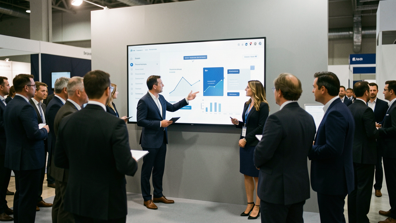 Une équipe composée d’un homme et d’une femme présente un logiciel de gestion sur un grand écran, au sein d’un stand sobre et fréquenté d’un salon professionnel.