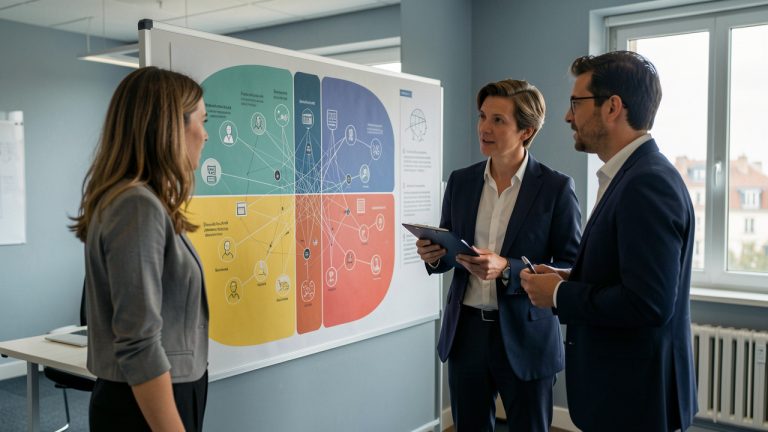 Réunion professionnelle sobre dans une entreprise française, avec deux femmes et un homme des services RH et juridique consultant une cartographie visuelle abstraite des risques liés à l’intelligence artificielle.