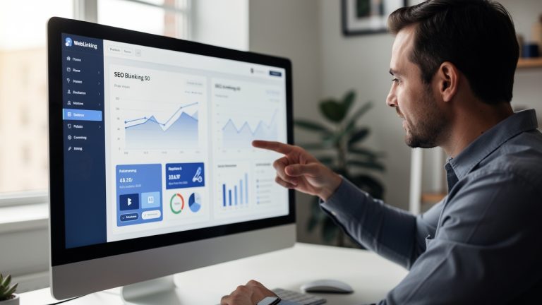 Responsable marketing comparant deux plateformes de netlinking sur un écran avec des graphiques SEO et des tableaux de métriques visuels.