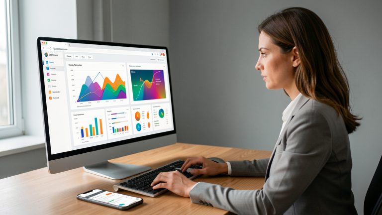 Une dirigeante de PME analyse un tableau de bord publicitaire sur ordinateur, tandis qu’un smartphone affichant une interface de navigateur est posé à côté, dans un bureau sobre et réaliste.