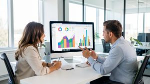 Équipe marketing composée de deux femmes et d’un homme analysant des graphiques abstraits sur un grand écran dans un bureau moderne et lumineux.