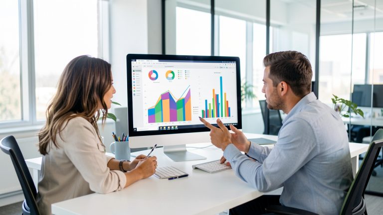 Équipe marketing composée de deux femmes et d’un homme analysant des graphiques abstraits sur un grand écran dans un bureau moderne et lumineux.