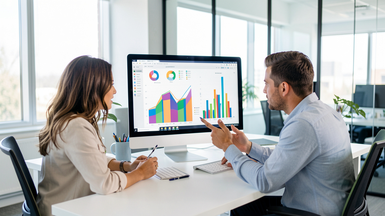 Équipe marketing composée de deux femmes et d’un homme analysant des graphiques abstraits sur un grand écran dans un bureau moderne et lumineux.