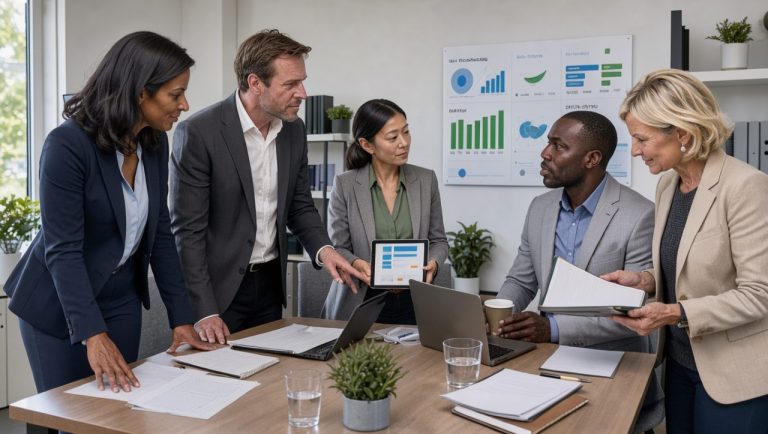Équipe de direction mixte réunie dans un bureau moderne autour d’un tableau de bord marketing présentant des indicateurs abstraits de coûts, de marge et de performance.