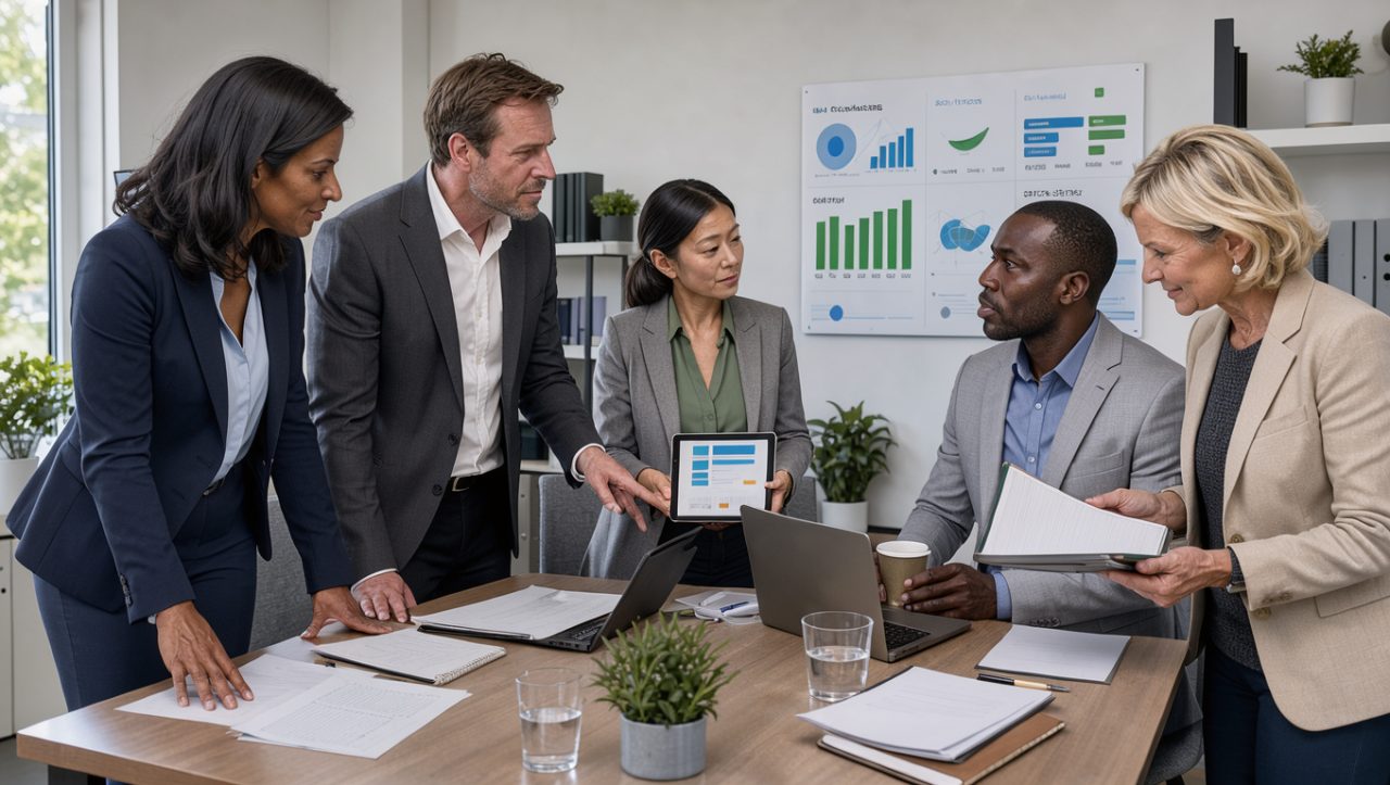 Équipe de direction mixte réunie dans un bureau moderne autour d’un tableau de bord marketing présentant des indicateurs abstraits de coûts, de marge et de performance.