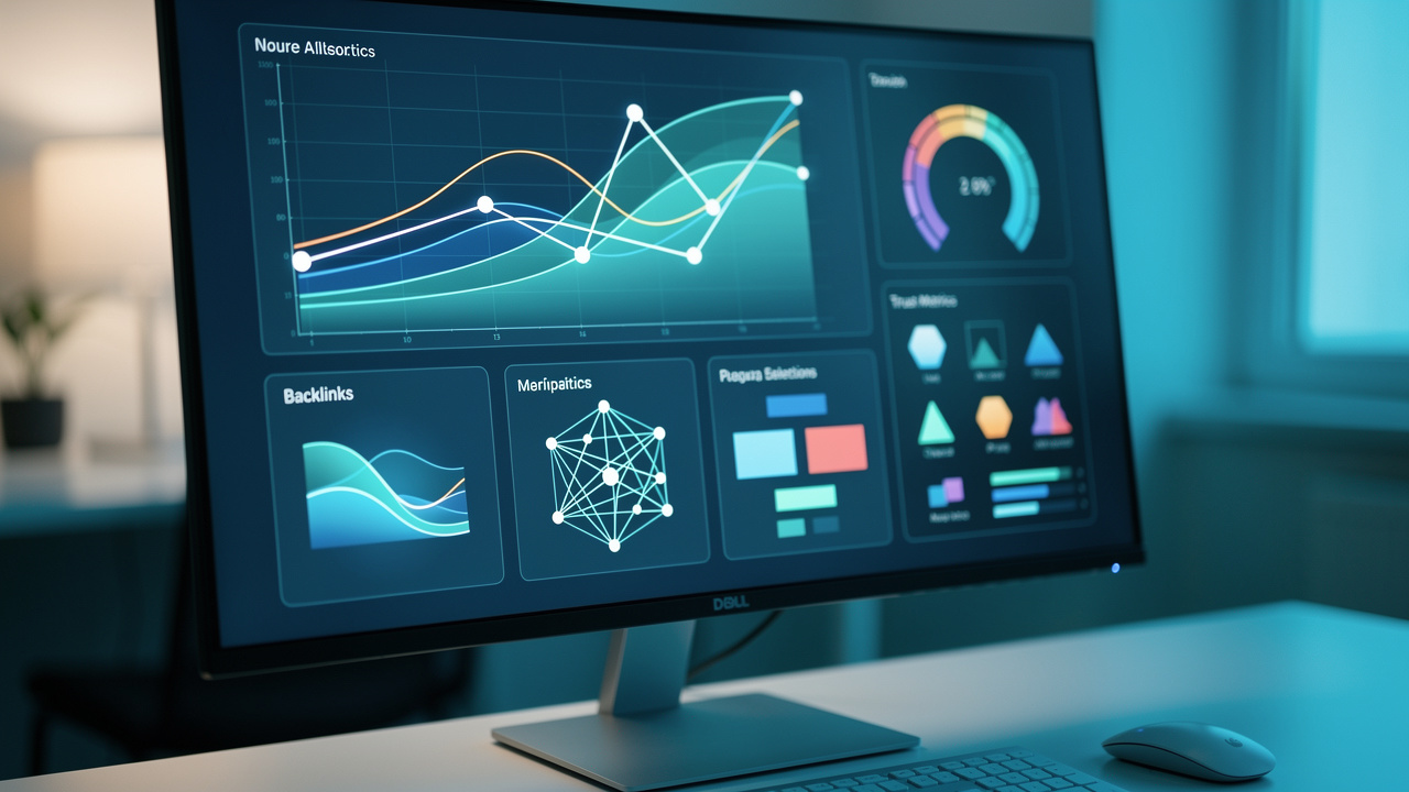 Vue rapprochée d’un écran affichant un tableau de bord analytique abstrait avec graphiques, indicateurs circulaires et réseaux de liens dans un bureau moderne.